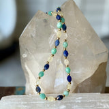 Handcrafted mixed gemstone necklace featuring genuine Lemon Quartz, Amazonite, and Sodalite with 14k gold-filled accents.