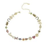Peace & Love charm choker featuring sparkling hearts, butterflies, evil eyes, Hamsas, horseshoes, smiley faces, stars, and other symbolic charms in gold or silver.
